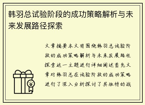 韩羽总试验阶段的成功策略解析与未来发展路径探索