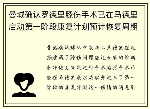 曼城确认罗德里膝伤手术已在马德里启动第一阶段康复计划预计恢复周期受关注 曼城确认罗德里膝伤手术已在马德里启动第一阶段康复计划预计恢复周期受关注